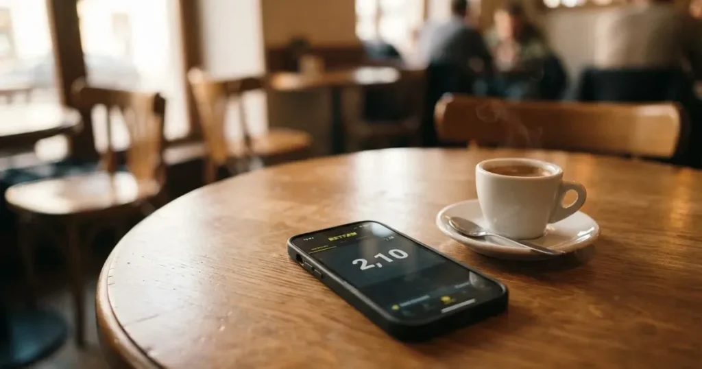 Smartfon z ciemnym ekranem leży na drewnianym stoliku w kawiarni obok małej filiżanki kawy, w miękkim świetle z okna.
