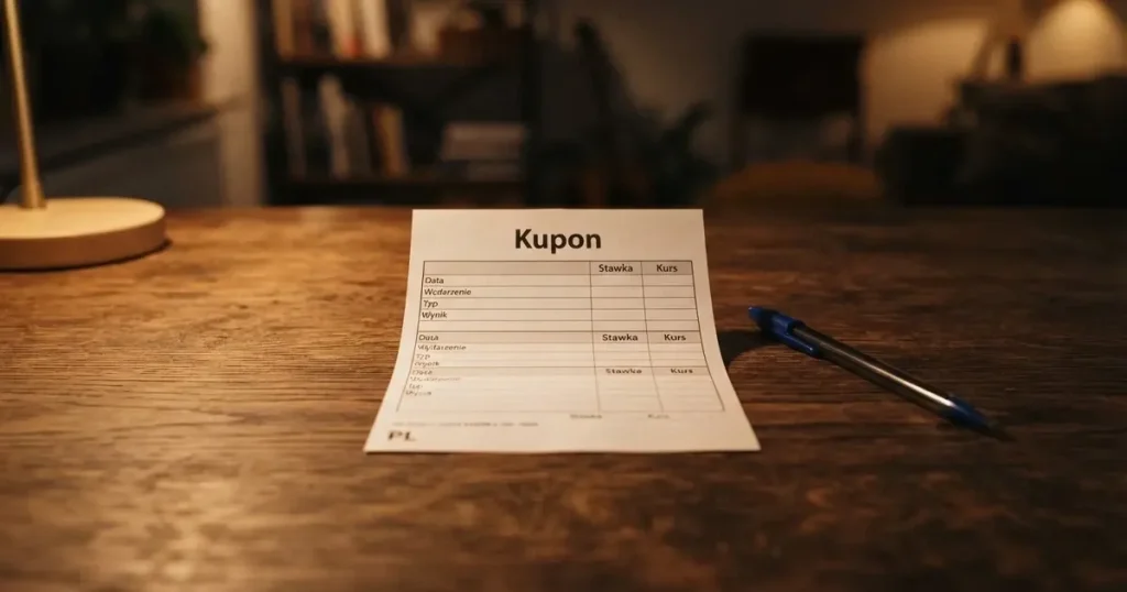 Pusty papierowy kupon zakładu leży na stole obok długopisu, ciepłe światło lampy pada na blat.