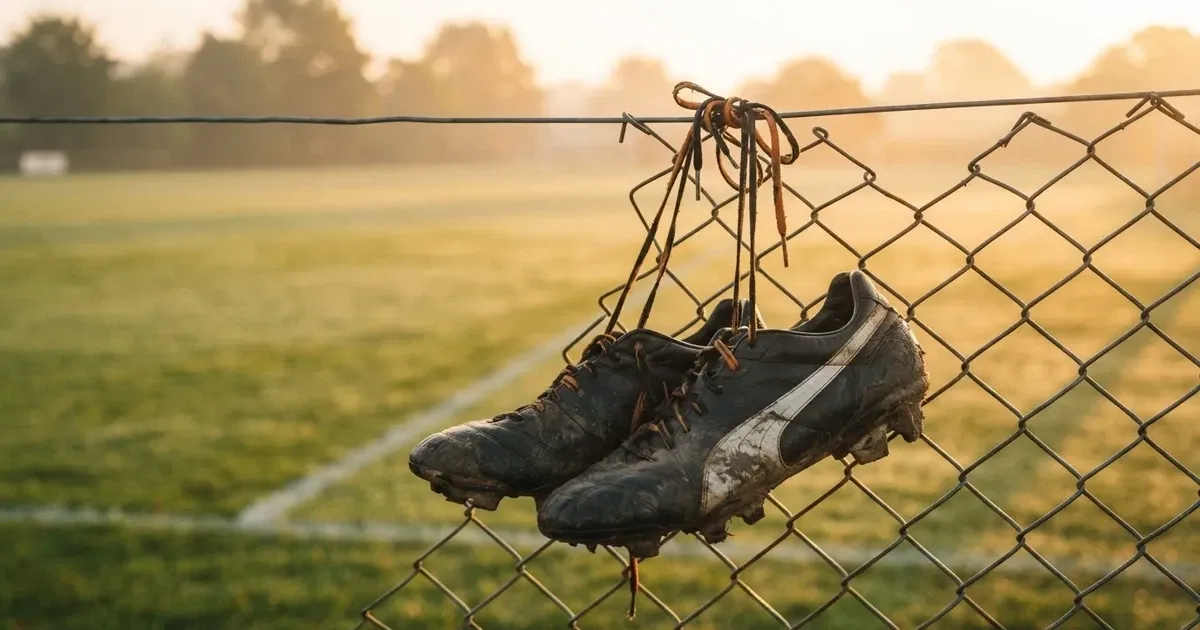 Znoszone buty piłkarskie zawieszone za sznurówki na drucianym płocie na skraju boiska treningowego o wschodzie słońca.