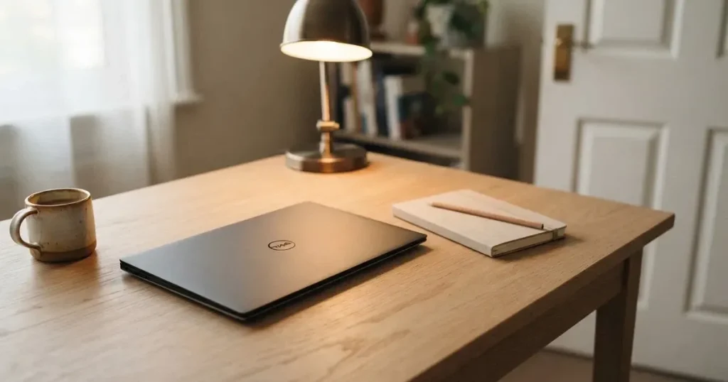Zamknięty laptop i mały notes leżą na uporządkowanym domowym biurku obok lampki biurkowej.