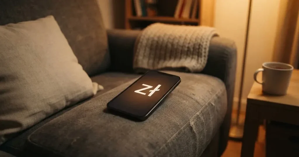 Smartfon z ciemnym wyświetlaczem leży na poręczy sofy obok poduszki w ciepłym świetle lampy.