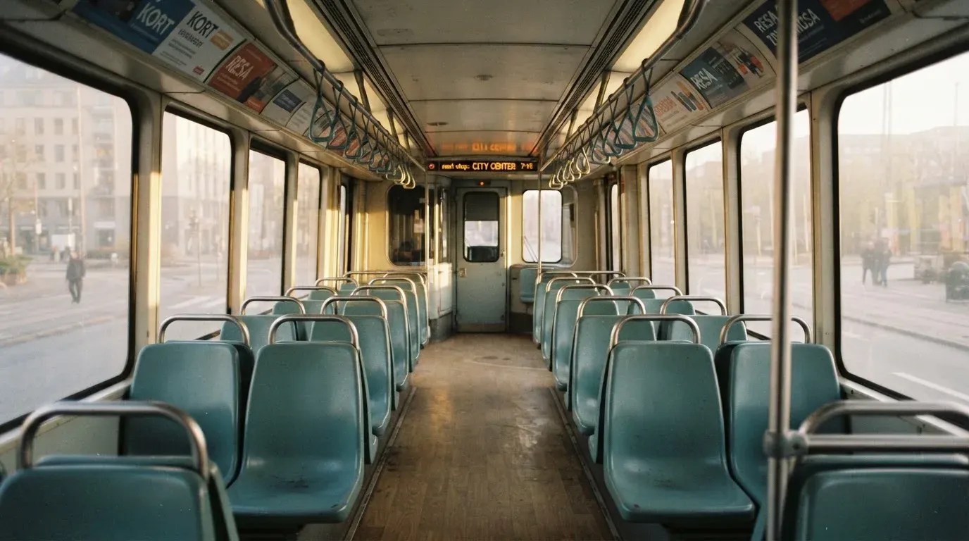 Wnętrze pustego tramwaju z rzędami siedzeń i poręczą w porannym świetle.