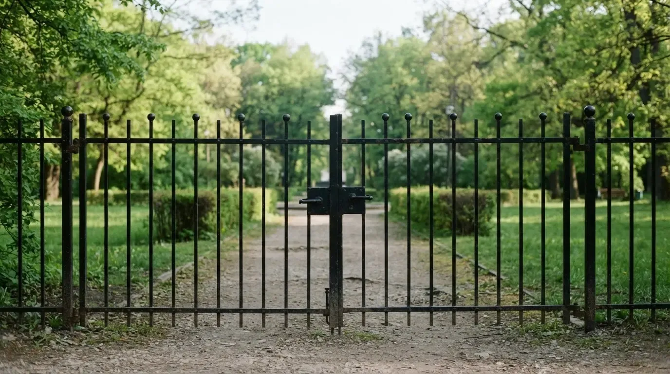 Czarny żelazny płot z zamkniętą furtką na alejce w zielonym parku.
