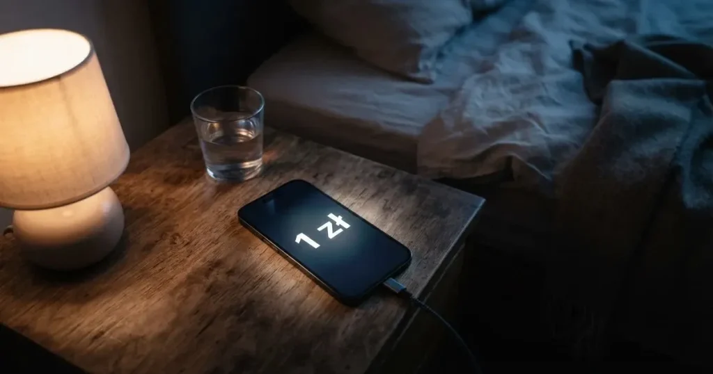 Telefon ładuje się na szafce nocnej obok szklanki wody w przyćmionym świetle sypialni.