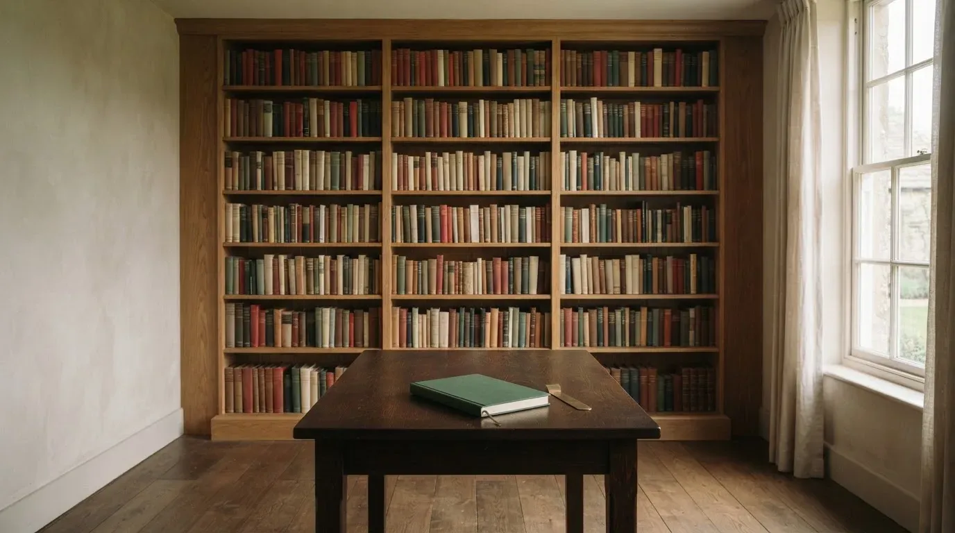 Wysoka drewniana biblioteczka w cichym pokoju czytelni, książki ustawione w równych rzędach.