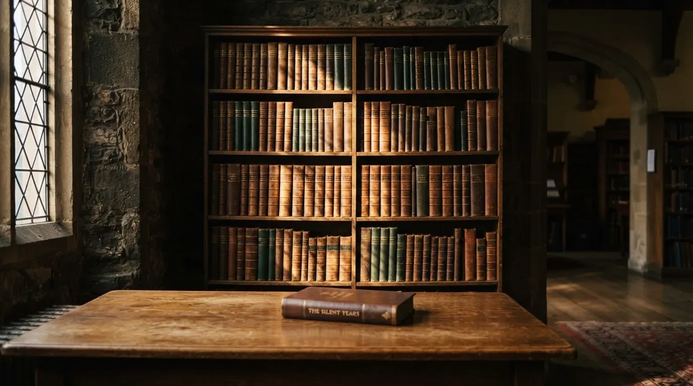 Regał z zamkniętymi książkami w skórzanych oprawach w cichej bibliotece, światło pada z boku.