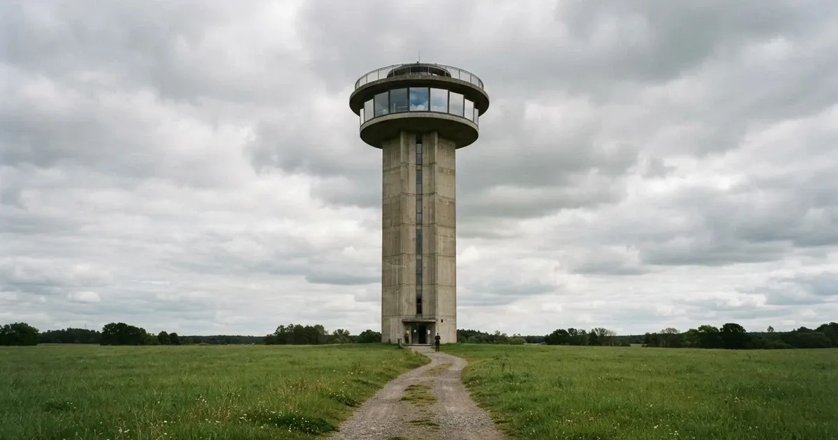 Wysoka wieża obserwacyjna z dużymi oknami na tle zachmurzonego nieba, u jej podnóża zielone pole.