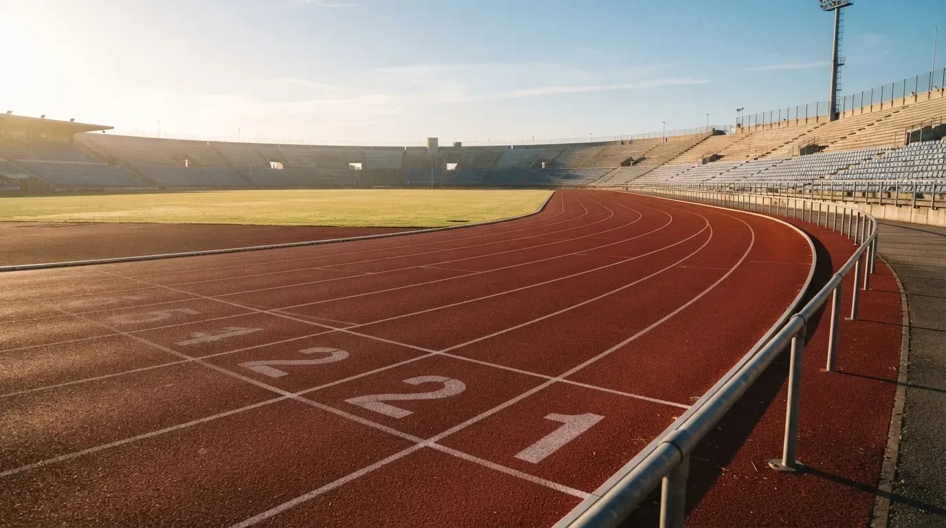 Bieżnia lekkoatletyczna wygięta w łuk pustego stadionu w porannym słońcu.