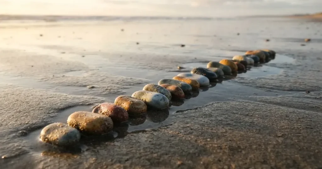 Kilka kamyków w różnych kolorach ułożonych w rzędzie na wilgotnym piasku plaży.