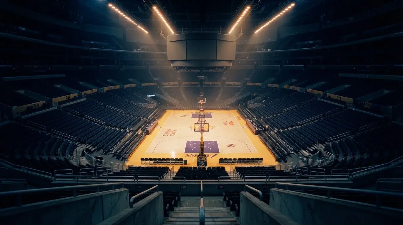Hala sportowa widziana z dużej odległości w półmroku, nad pustym parkietem świecą rzędy reflektorów.