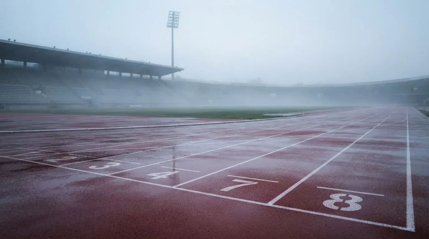 Pusty tor biegowy stadionu lekkoatletycznego o poranku, mokra czerwona nawierzchnia i smugi mgły nad trybunami.