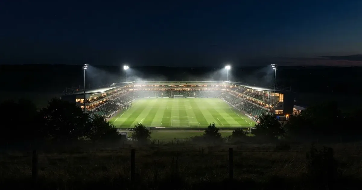 Stadion piłkarski nocą widziany z dużej odległości, jasne reflektory nad murawą i ciemne niebo wokół.