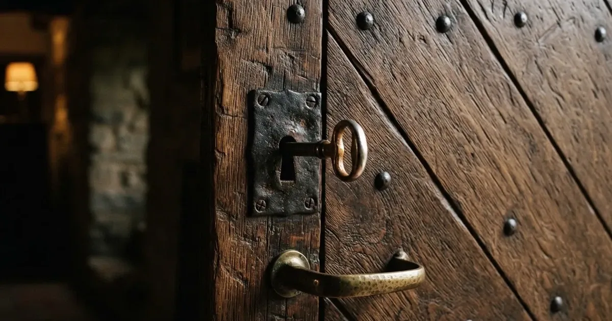 Klucz tkwi w zamku masywnych drewnianych drzwi, ujęcie z bliska w ciepłym świetle lampy.