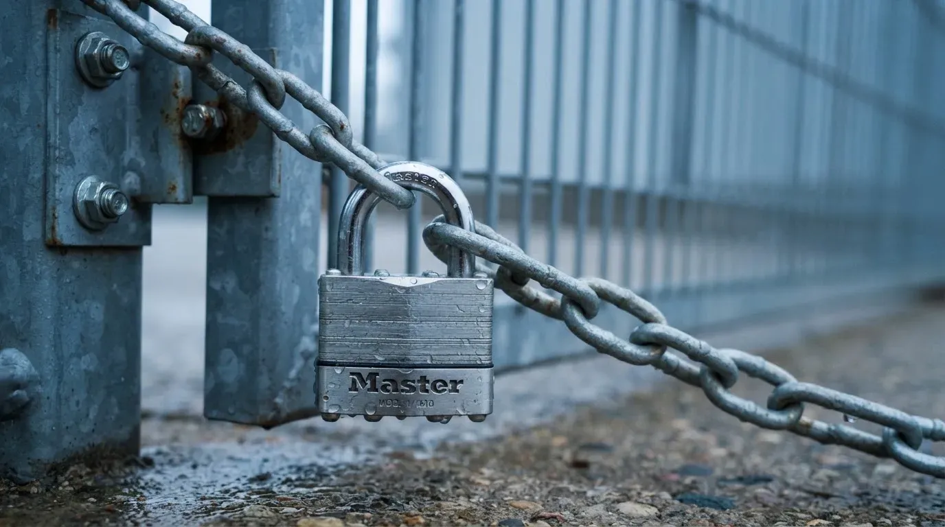Zamknięta kłódka na łańcuchu przy metalowej bramie, ujęcie z bliska w chłodnym świetle poranka.