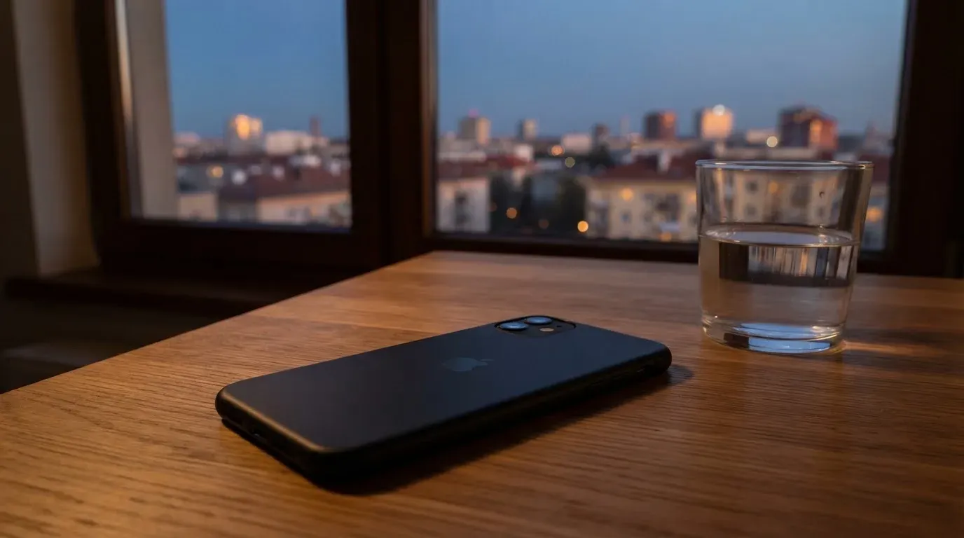 Smartfon leżący ekranem do dołu na drewnianym stole obok szklanki wody, za oknem wieczorne światło miasta.