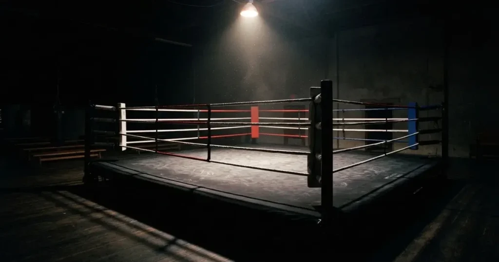 Ring bokserski w pustej hali oświetlony pojedynczym reflektorem, liny napięte, podłoże z ciemnego płótna.