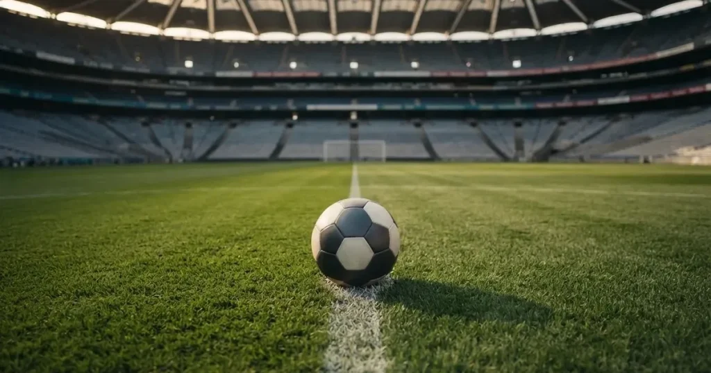 Piłka nożna leżąca na środku murawy w pustym stadionie przed meczem, rzędy siedzisk w półmroku.