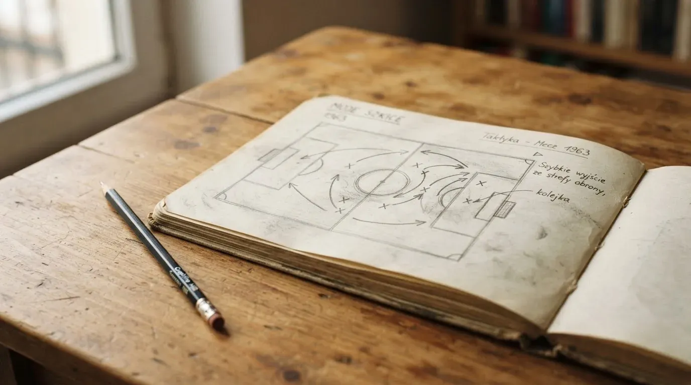 Notes z odręcznym szkicem boiska i strzałkami leżący obok ołówka na drewnianym stole.