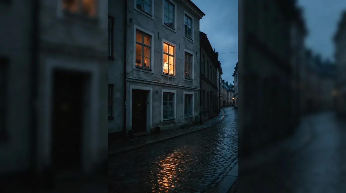 Szare okno kamienicy wieczorem, w którym pali się lampa, pod nim mokry bruk uliczki.