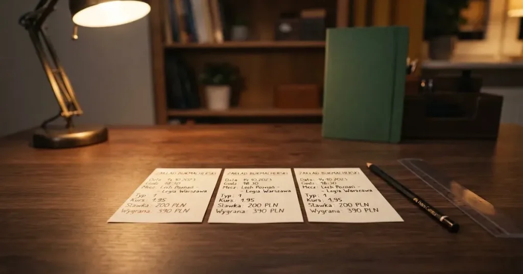 Trzy identyczne czyste kartki ułożone równo na biurku obok ołówka i linijki w ciepłym świetle lampy.