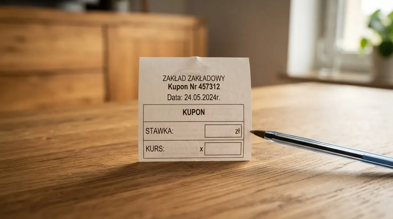 Pusty papierowy kupon zakładu leżący na drewnianym stole obok długopisu, w tle rozmyta szafka.