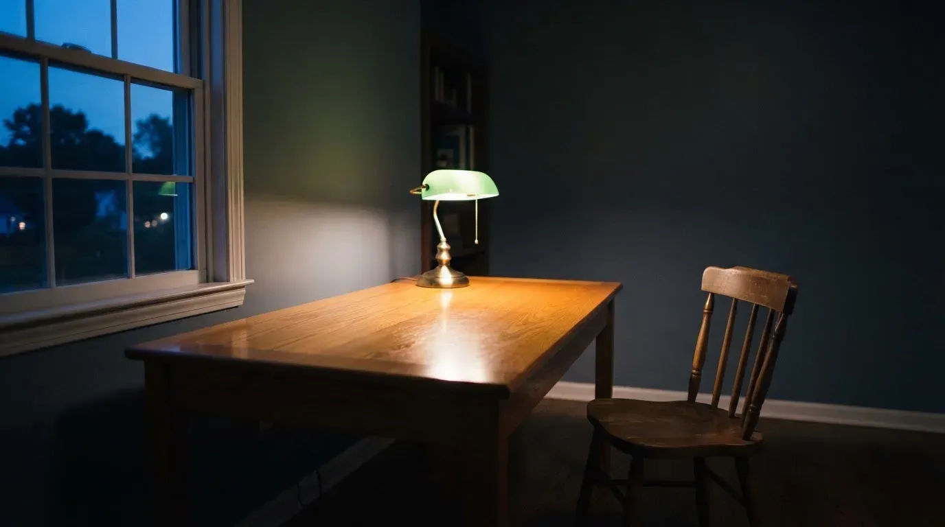 Lampa biurkowa świecąca na pustym drewnianym biurku w cichym gabinecie wieczorem, obok puste krzesło.