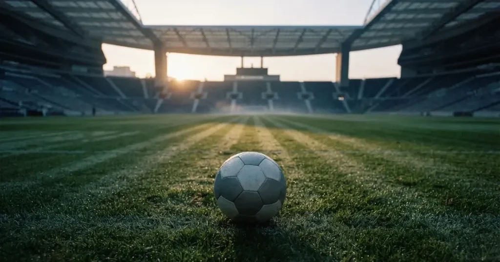 Samotna piłka na murawie ogromnego stadionu o świcie po zakończonej imprezie, trybuny puste.