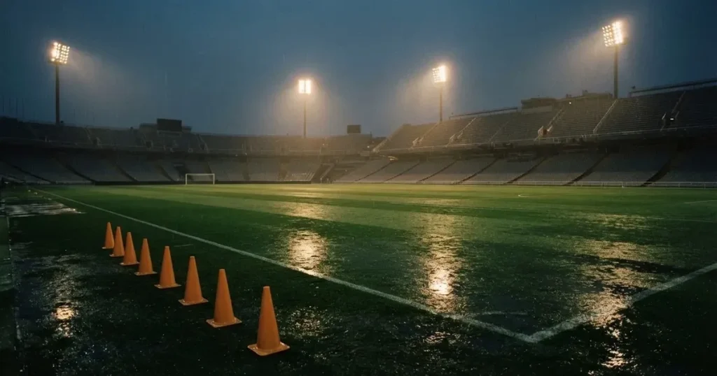 Pusty stadion piłkarski w deszczowy wieczór, mokra murawa odbija światła reflektorów, przy linii bocznej stoją pomarańczowe pachołki treningowe.