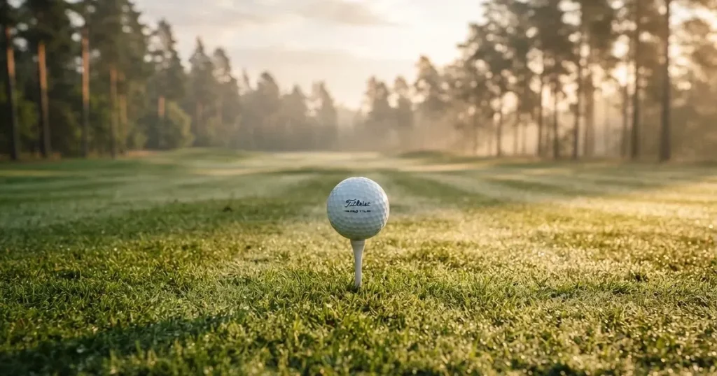 Piłka golfowa spoczywa na białym tee w porannej rosie, w tle rozmyta zielona murawa pola i szereg wysokich sosen.