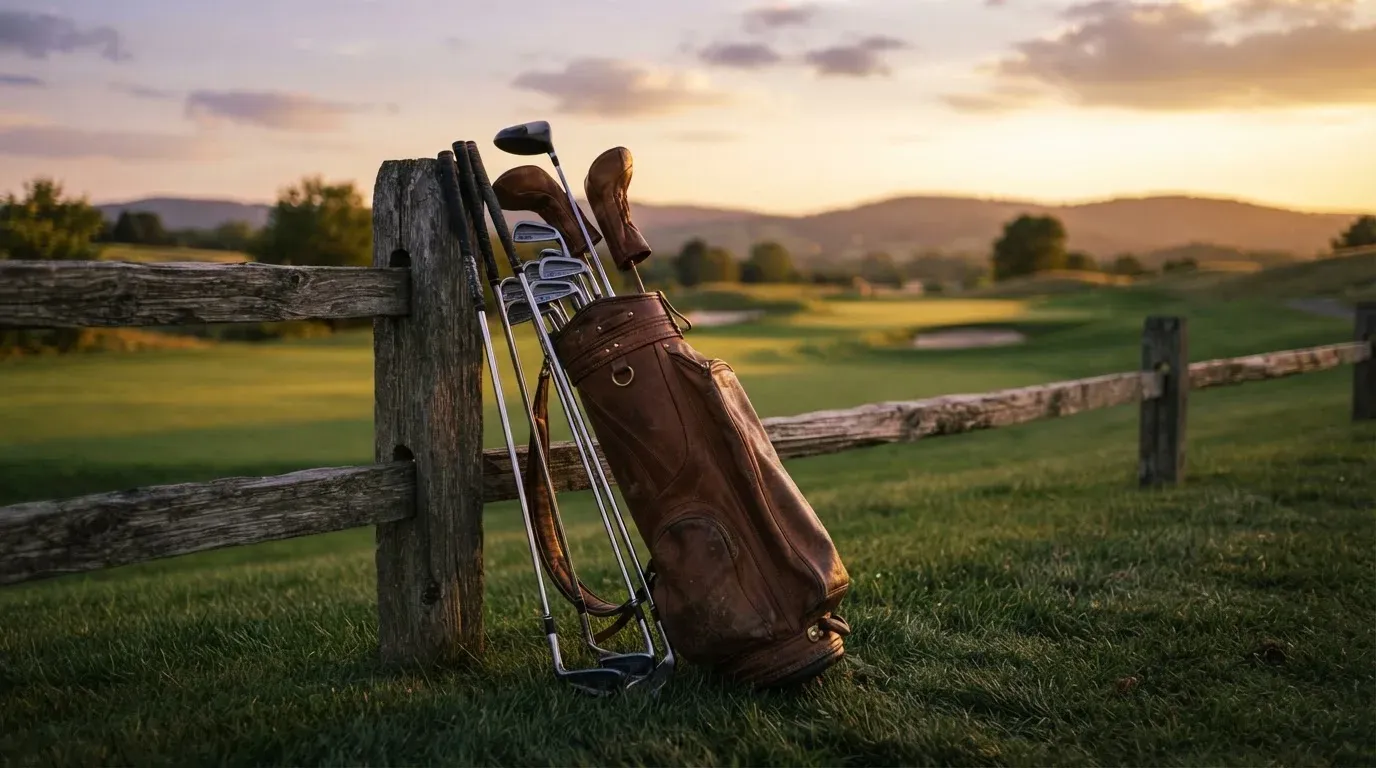 Torba golfowa z kijami oparta o drewniany płotek na polu golfowym, w tle wzgórza w złotym świetle zachodu.