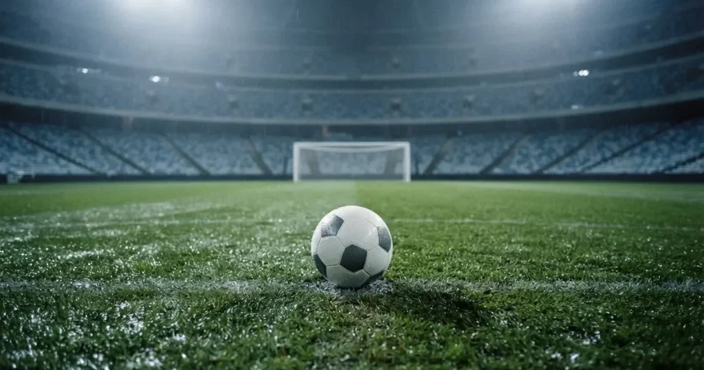 Futbolowa piłka stoi na punkcie karnym w pustym stadionie podczas mżawki, w tle rozmyte trybuny i jasne światło masztów.
