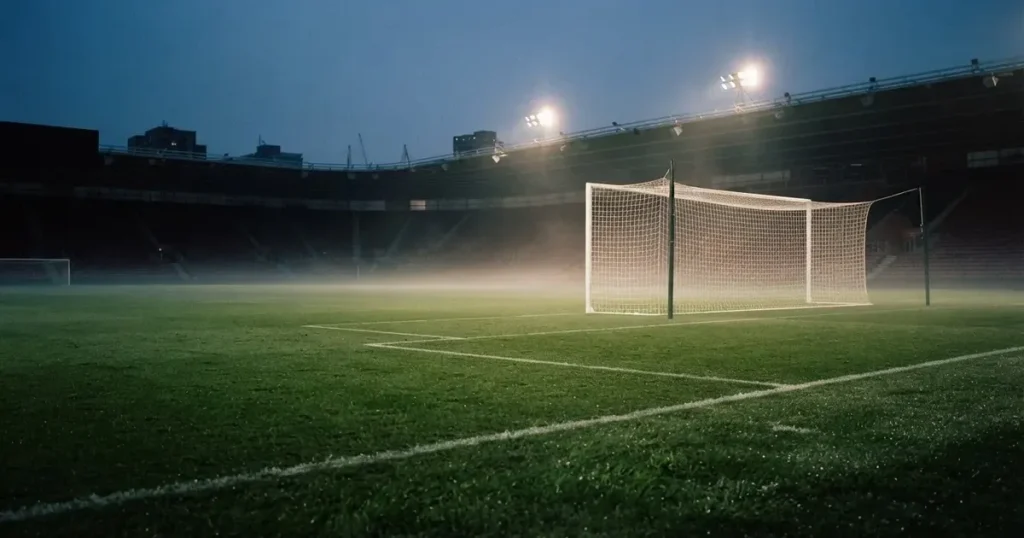 Pusta murawa stadionu miejskiego w chłodny jesienny wieczór, siatka bramki świeci w świetle reflektorów, nad boiskiem wisi mgła.