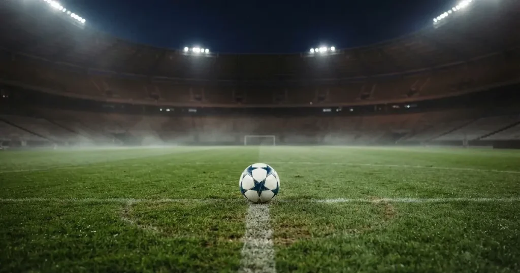 Piłka nożna leży na środku murawy pod rozświetlonym nocnym niebem, nad stadionem unosi się lekka mgła, a trybuny toną w półmroku.