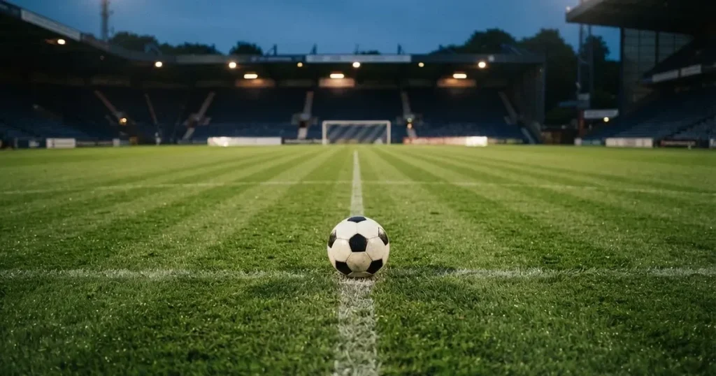 Piłka nożna leży na środku świeżo skoszonej murawy, w tle pusty stadion w świetle reflektorów wczesnym wieczorem.