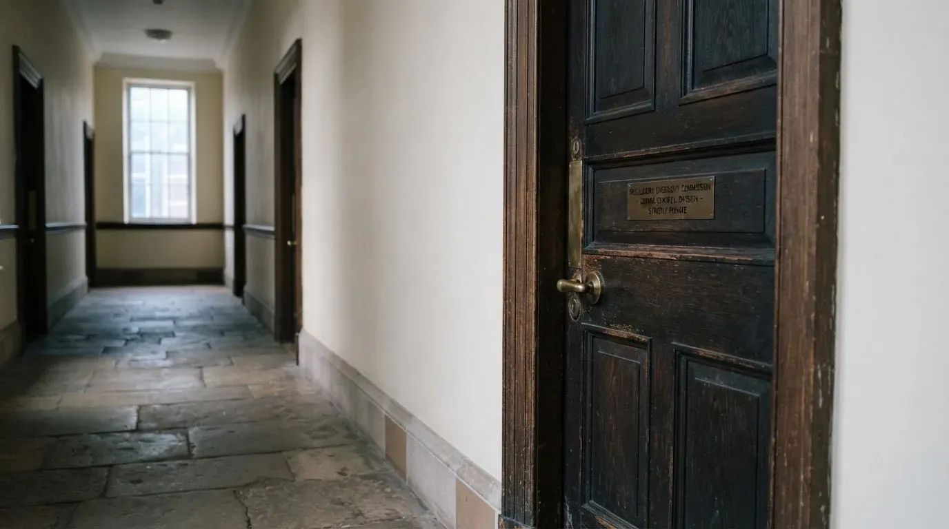 Ciężkie drewniane drzwi z mosiężną klamką w korytarzu urzędowym, ujęcie z boku w chłodnym świetle okna.