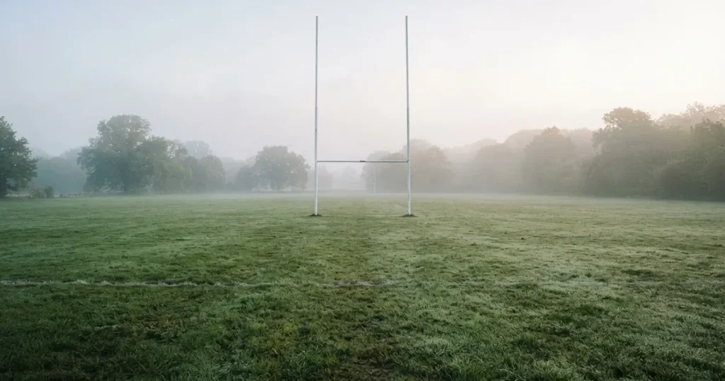 Bramka do rugby w kształcie litery H stoi na pustym boisku w mglisty poranek, w tle linia drzew.