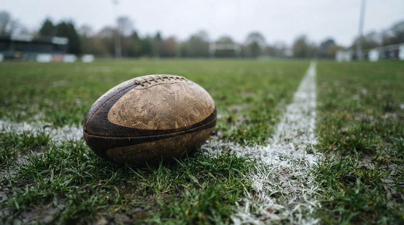 Owalna piłka do rugby leży na mokrej trawie obok linii pola punktowego w chłodnym świetle dnia.