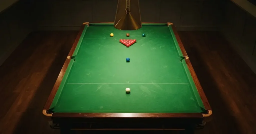 Stół snookerowy z zielonym suknem widziany z góry, rozstawione kolorowe bile w pustym salonie gry.