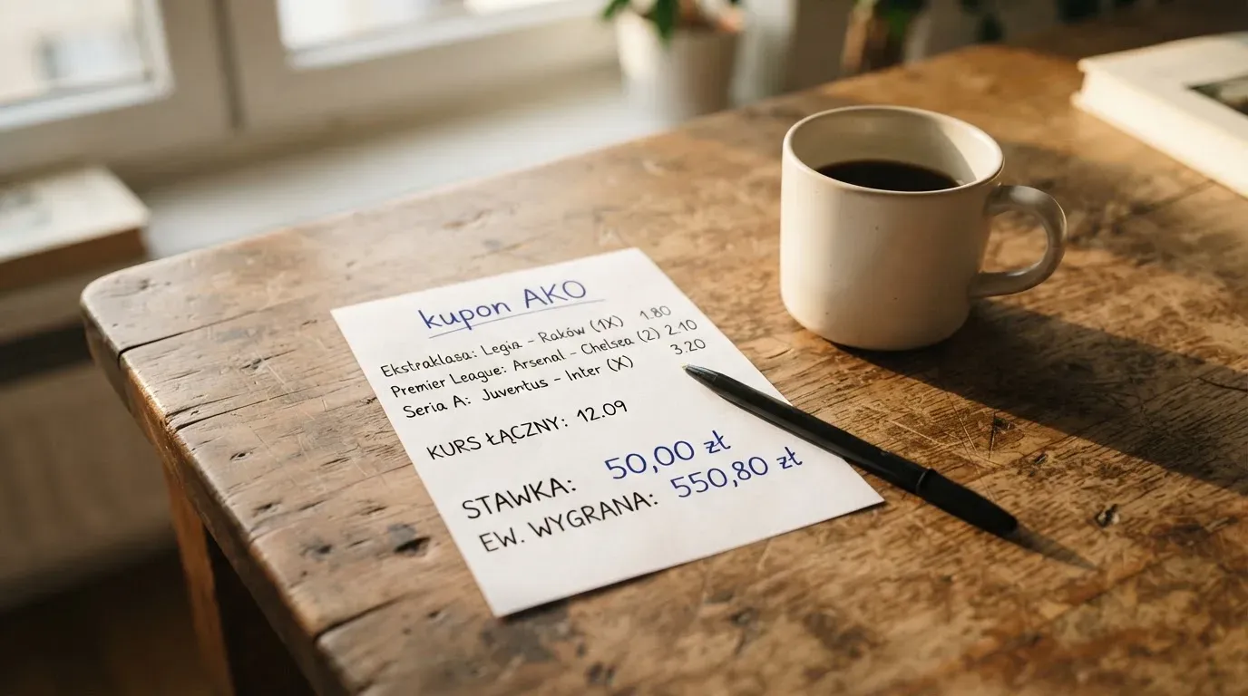 Pusty biały papierowy kupon i długopis leżą na brzegu stołu, obok stoi kubek kawy w porannym świetle.