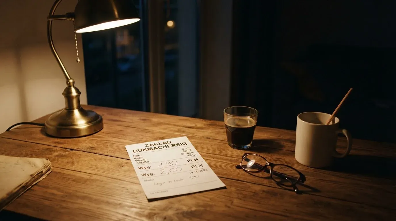 Szklanka kawy i okulary leżą na drewnianym biurku w świetle lampki, obok stoi ołówek oparty o kubek.