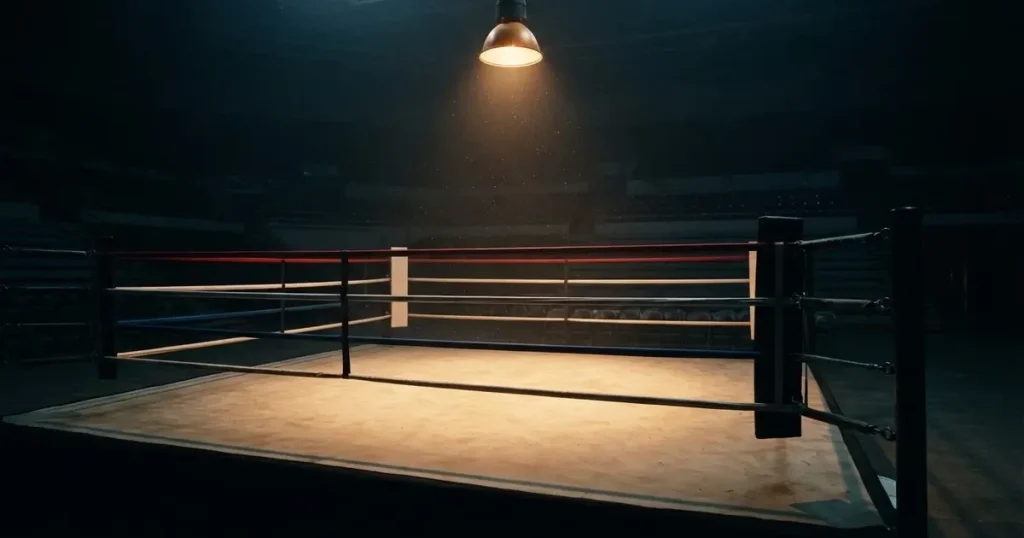 Ring w pustej hali sportowej oświetlony pojedynczą lampą z góry, liny napięte, wokół ciemne trybuny.