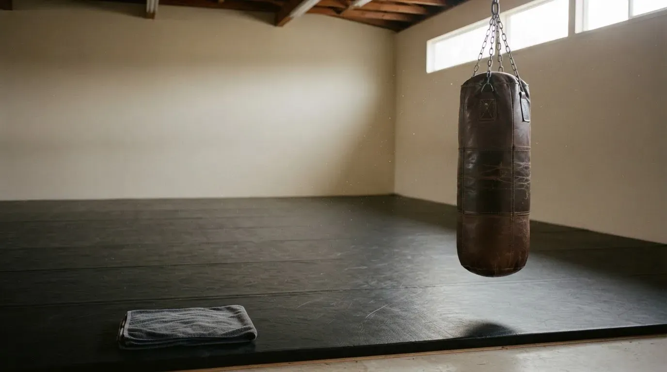 Czarna mata do zapasów w sali treningowej, obok zwisa worek treningowy zawieszony na łańcuchu.