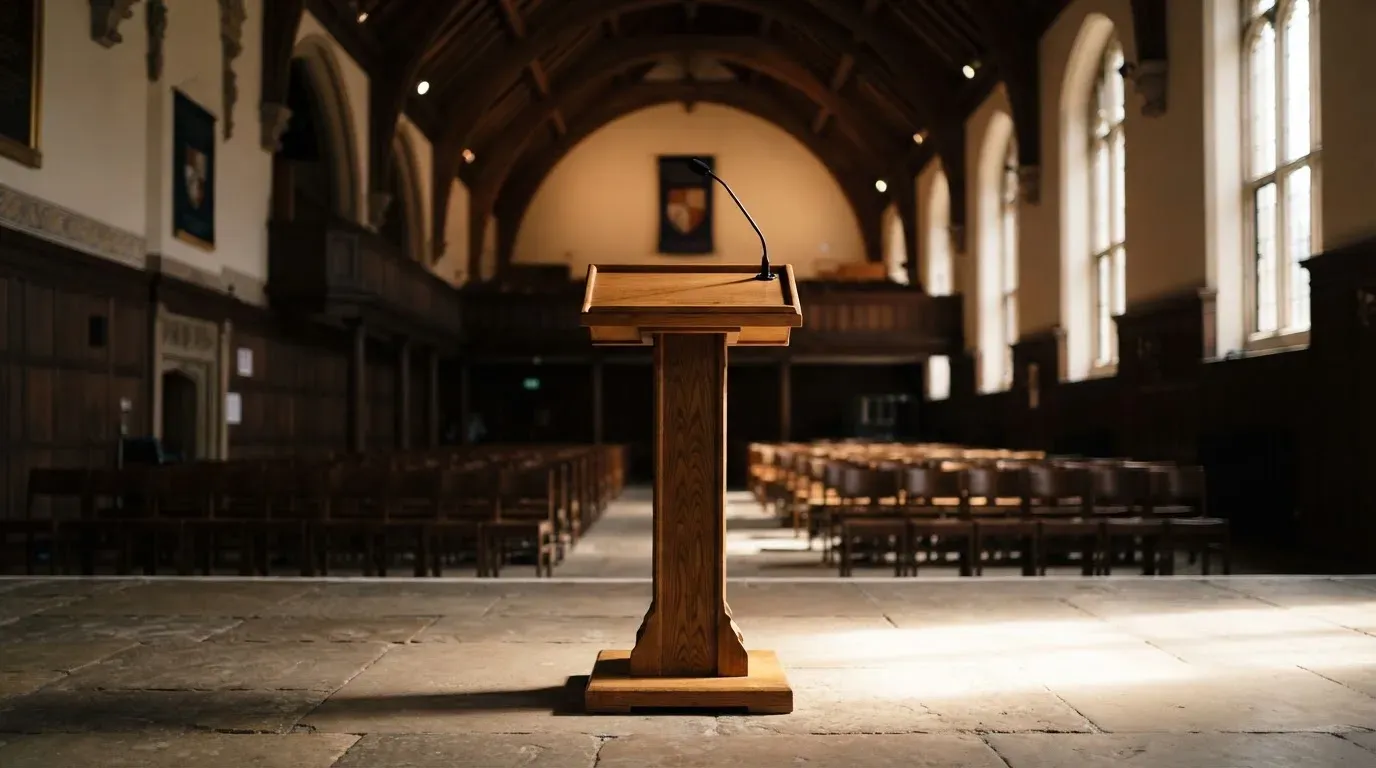 Pusty drewniany pulpit mówcy w sali z wysokim sufitem, oświetlony światłem z bocznego okna.