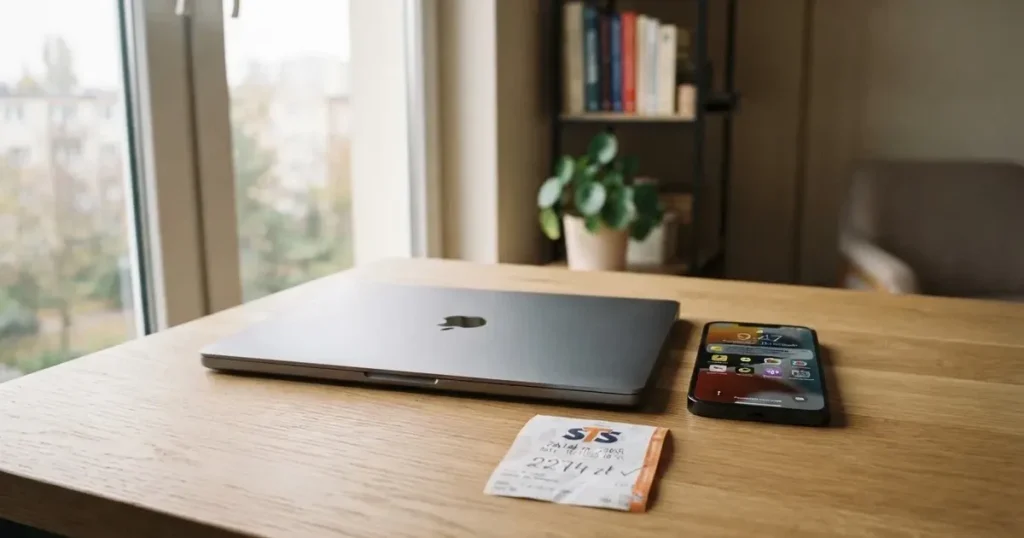 Zamknięty laptop i smartfon leżą równo obok siebie na jasnym biurku przy oknie w świetle dnia.
