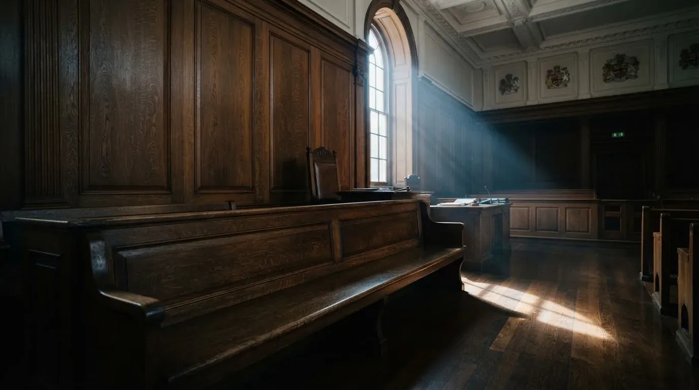 Pusta ława w sali sądowej z drewnianymi panelami, oświetlona światłem z wysokiego okna.