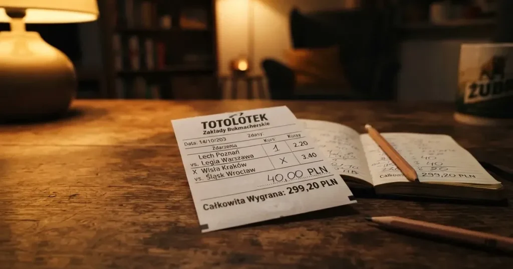 Kilka monet leży na drewnianym blacie obok małego notesu i ołówka w ciepłym świetle lampy.