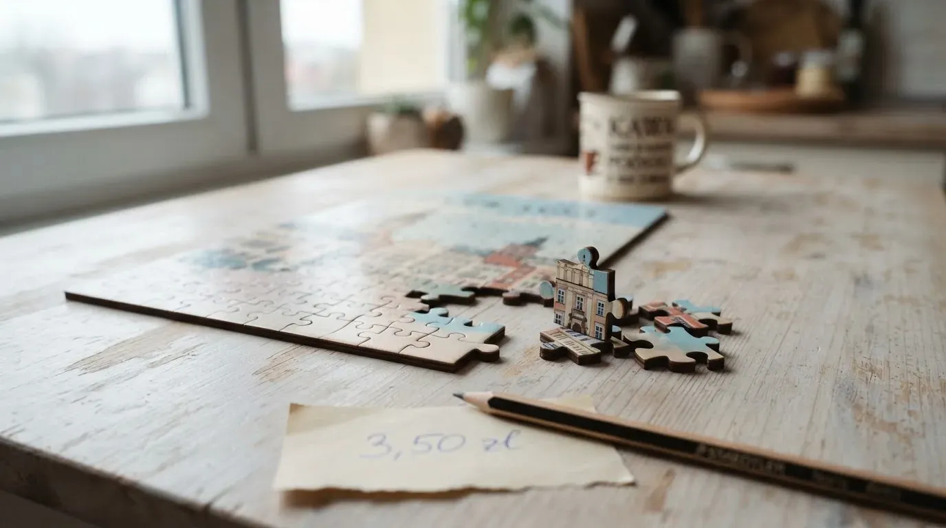 Układanka puzzle częściowo złożona na blacie stołu, kilka elementów leży obok w świetle okna.